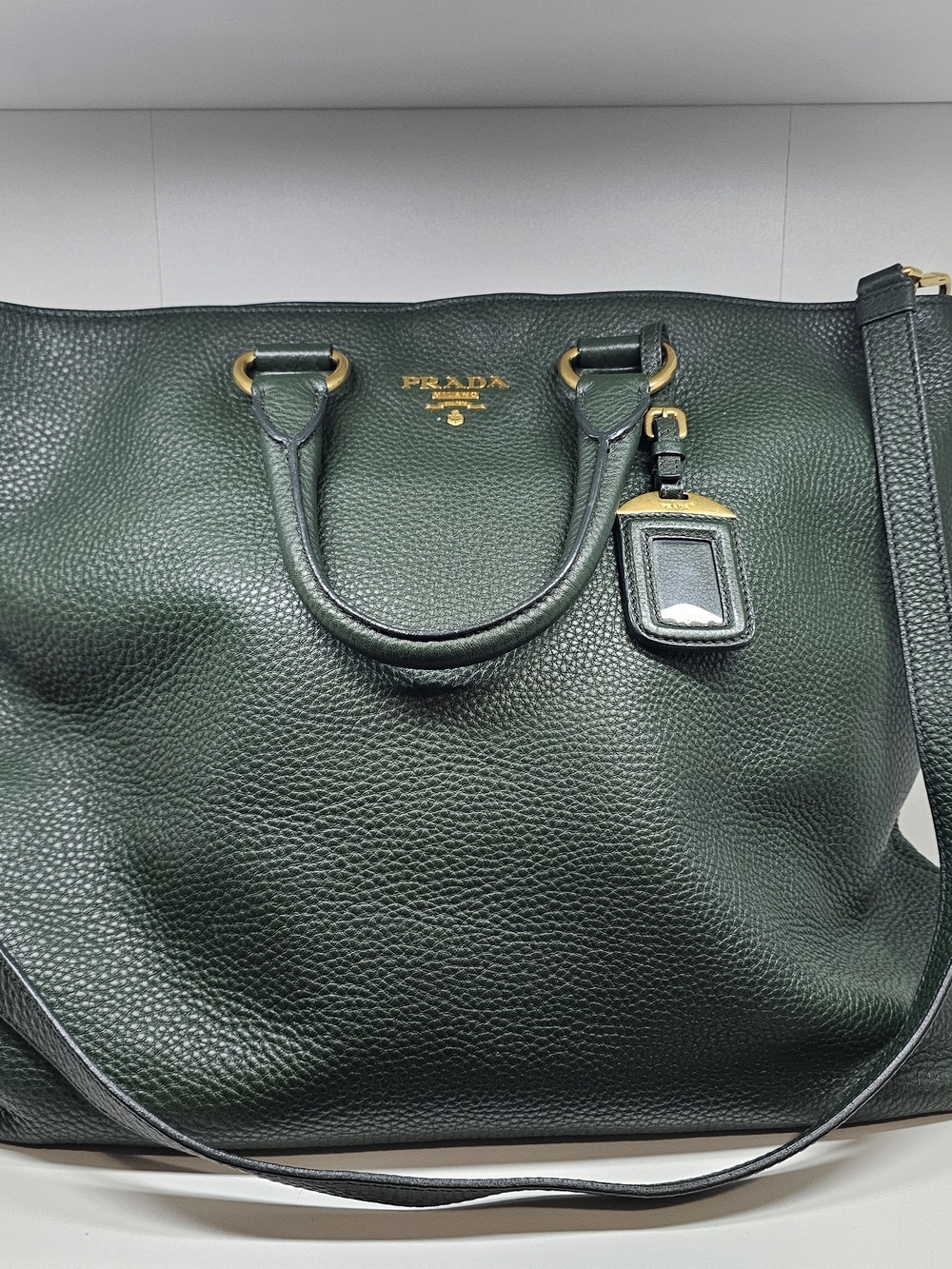 Prada Dark Green Pebbled Leather Tote Bag